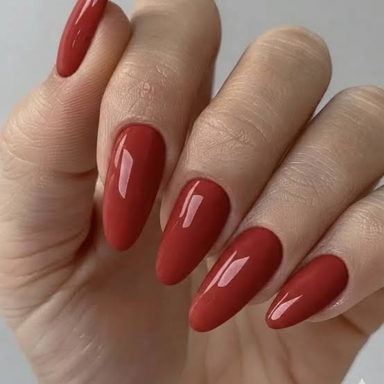 Medium Almond Deep Muted Red Glossy Nails Medium Almond Deep Muted Red Glossy Nails — Nails for Women Over 40