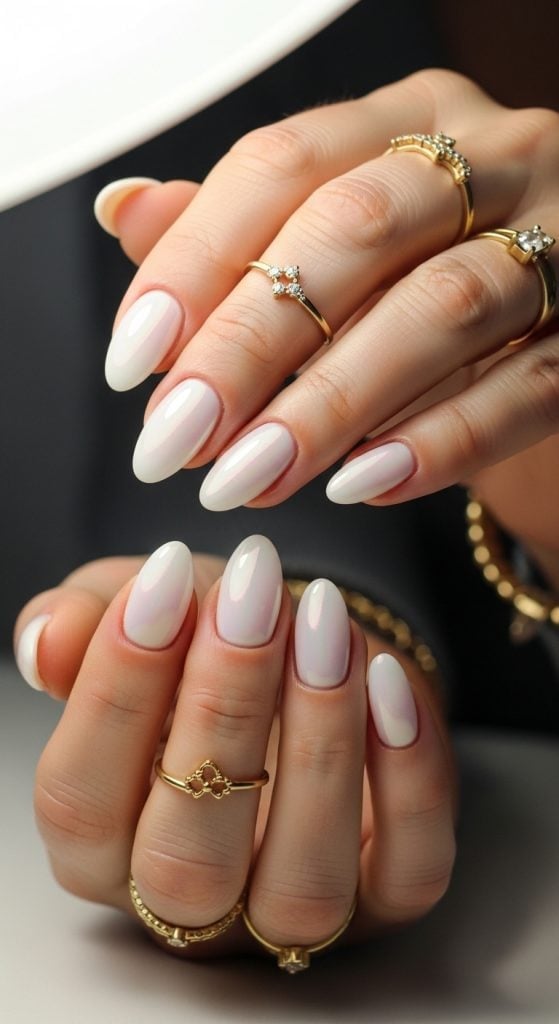 Medium Oval Pale Iridescent White Nails, Glossy Finish Medium Oval Pale Iridescent White Nails, Glossy Finish — Nails for Women Over 40