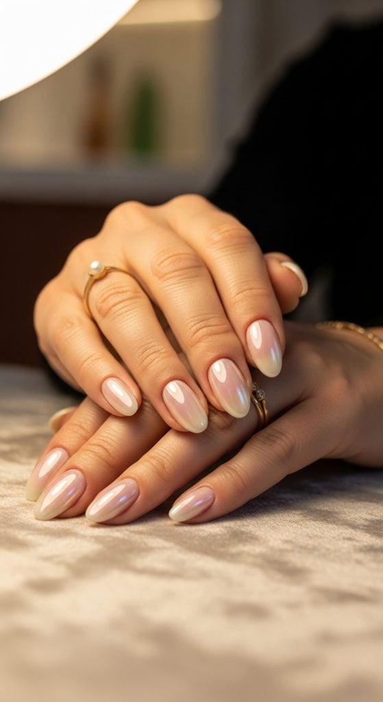 Medium Almond Iridescent Pink Gold Shift Nails Medium Almond Iridescent Pink Gold Shift Nails — Nails for Women Over 40