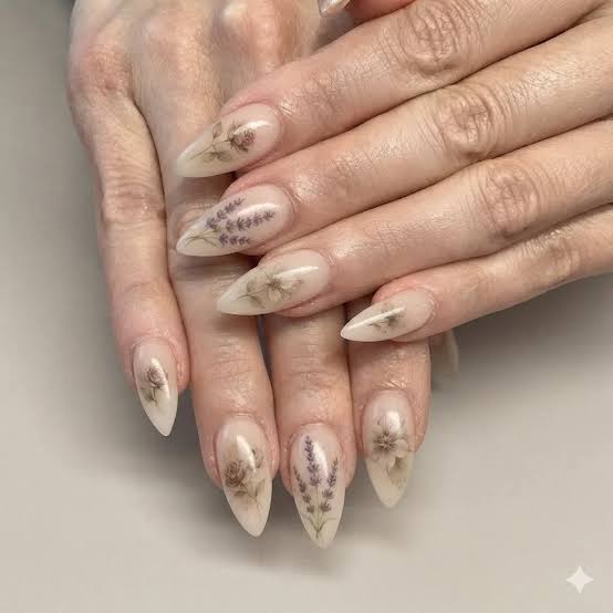 Medium Stiletto Nude Botanical Decal Nails Medium Stiletto Nude Botanical Decal Nails — Nails for Women Over 40