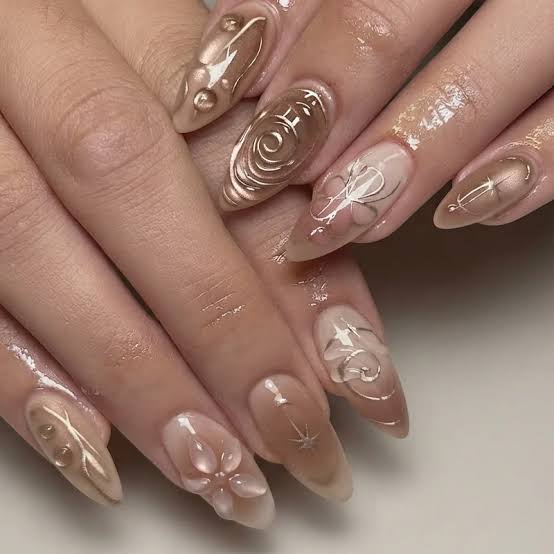 Long Stiletto Nude 3D Floral Metallic Nails Long Stiletto Nude 3D Floral Metallic Nails — Nails for Women Over 40
