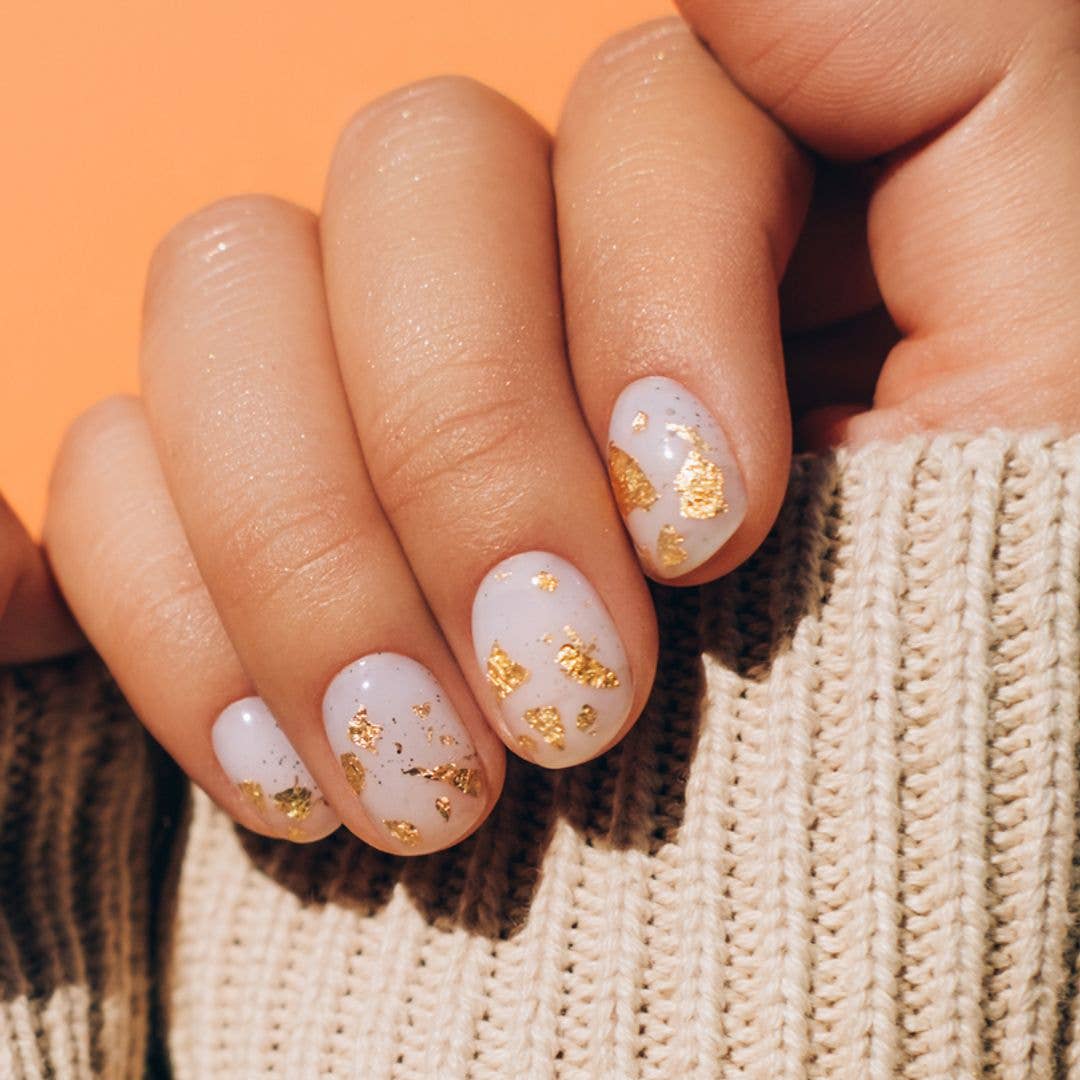 Short Oval Milky White Gold Foil Nails Short Oval Milky White Gold Foil Nails — Nails for Women Over 40