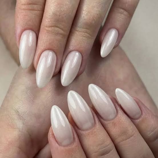 Short Almond Milky White Fine Outline Nails Short Almond Milky White Fine Outline Nails — Nails for Women Over 40