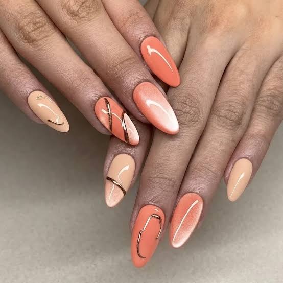 Medium Almond Peach Coral Gradient Cat-Eye Medium Almond Peach Coral Gradient Cat-Eye — Nails for Women Over 40