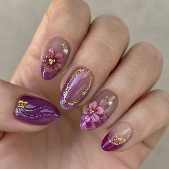 Medium Almond Purple 3D Floral Nails Medium Almond Purple 3D Floral Nails — Nails for Women Over 40