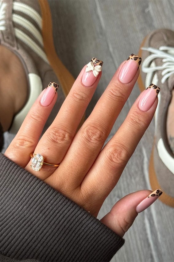 Medium Square Pink Leopard French Bow Nails Medium Square Pink Leopard French Bow Nails — Nails for Women Over 40