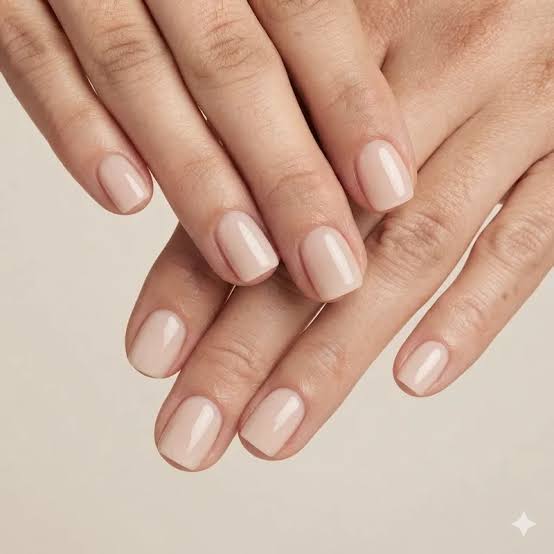 Sheer Pale Nude Glossy Short Square Nails — Nails for Women Over 50