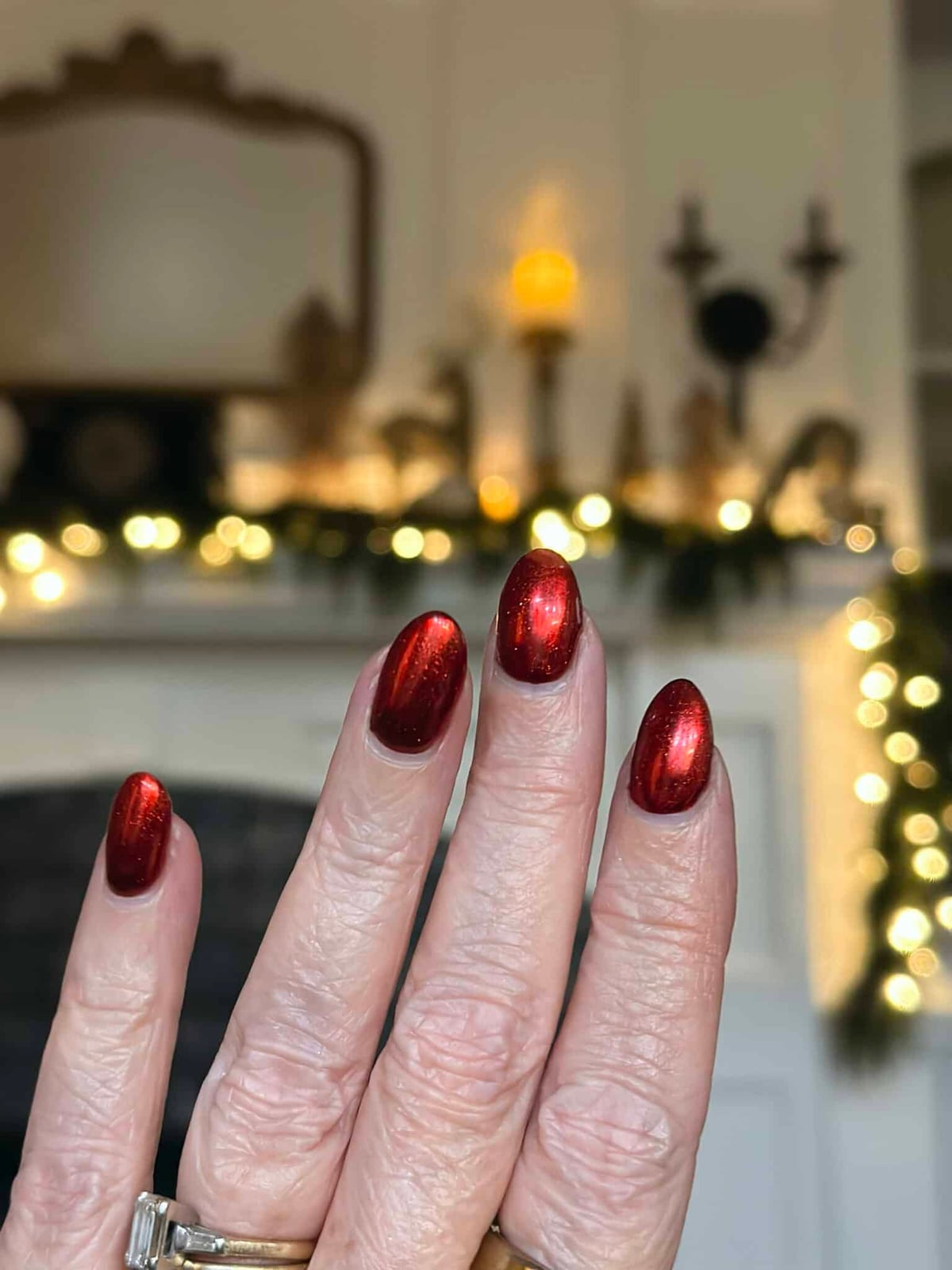 Vibrant Metallic Red Shimmer Short Oval Nails — Nails for Women Over 50