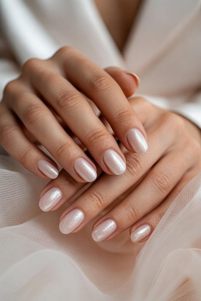 Sheer Nude Iridescent Shimmer Short Oval Nails — Nails for Women Over 50