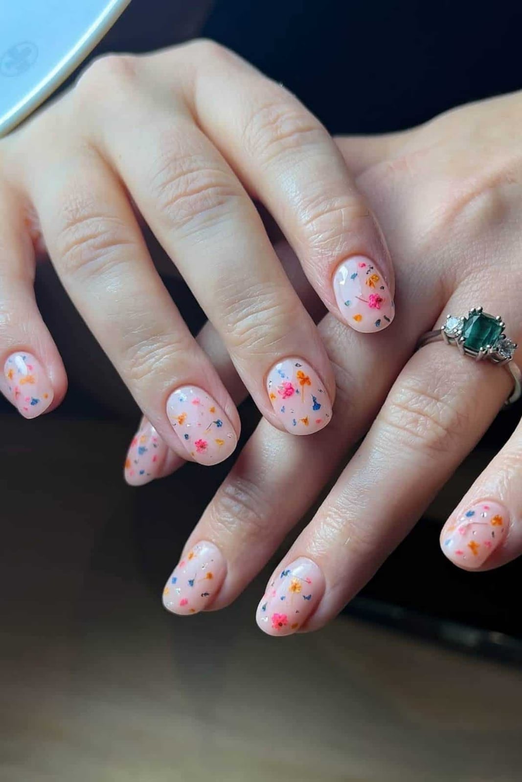 Sheer Pink Glossy Short Square Nails with Dried Flowers — Nails for Women Over 50