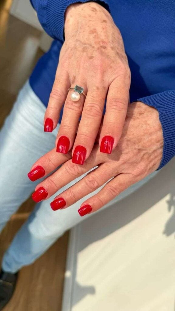 Vibrant Bright Red Glossy Medium Square Nails — Nails for Women Over 50