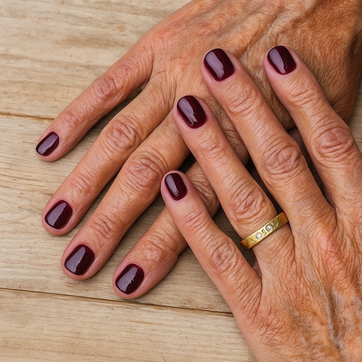 Deep Burgundy Glossy Short Oval Nails — Nails for Women Over 50