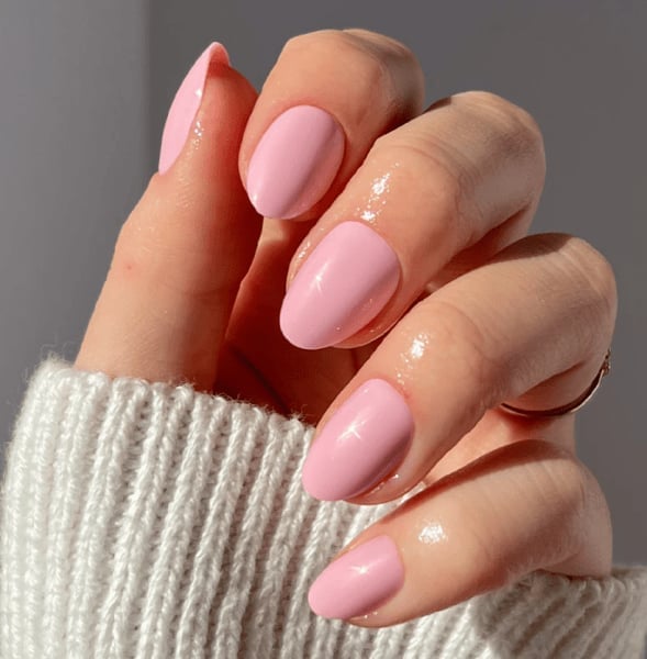 Opaque Soft Pink Glossy Medium Almond Nails — Nails for Women Over 50