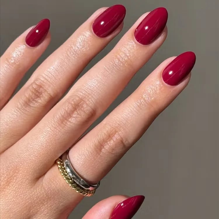 Deep Berry Red Glossy Medium Almond Nails — Nails for Women Over 50
