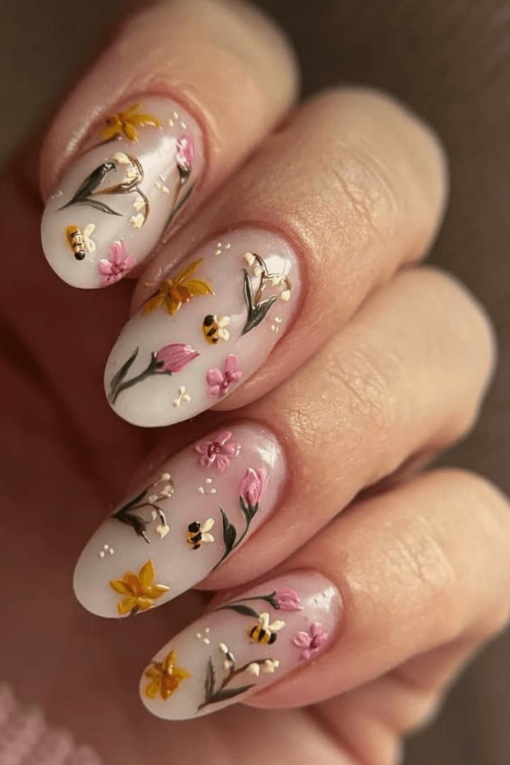 Medium Oval Nails with Miniature Floral and Bee Art — Nails for Women Over 50