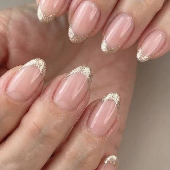 Sheer Nude Glossy Medium Almond Nails with Silver Glitter Tips — Nails for Women Over 50