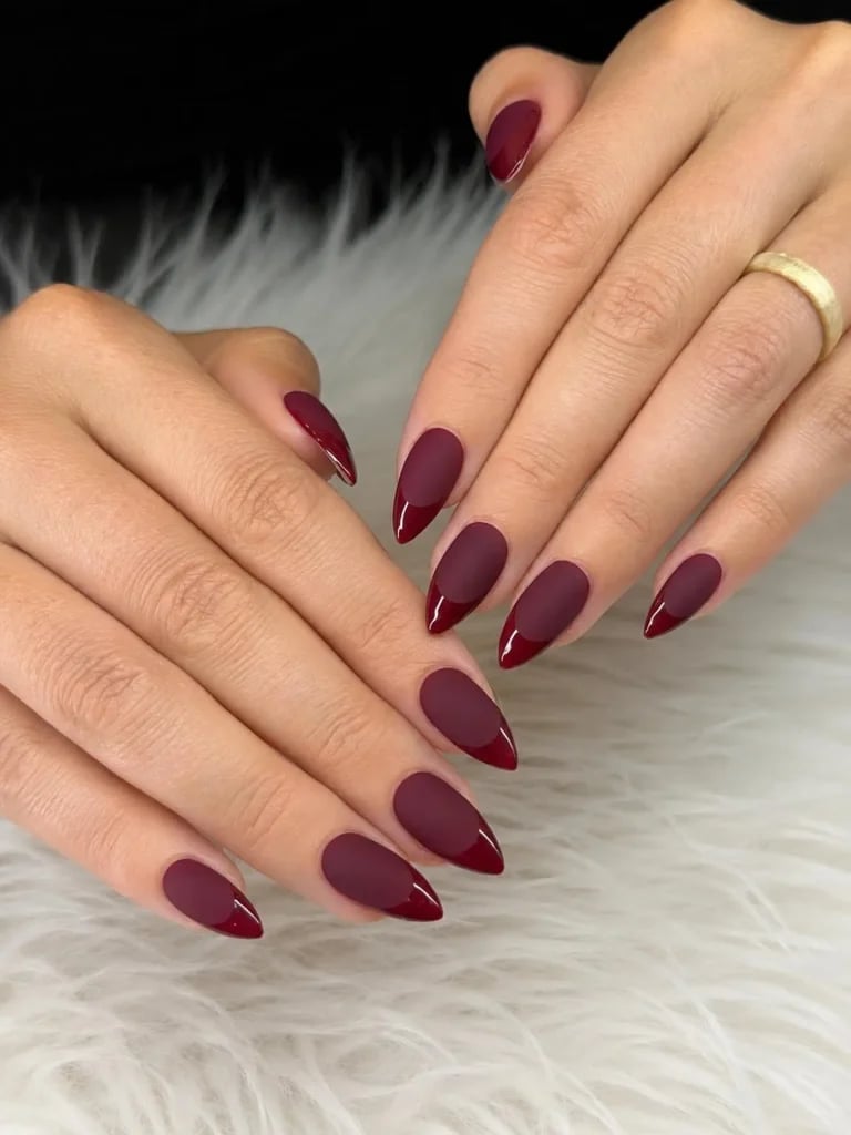Deep Burgundy Matte Stiletto Medium Nails with Glossy Tips — Nails for Women Over 50