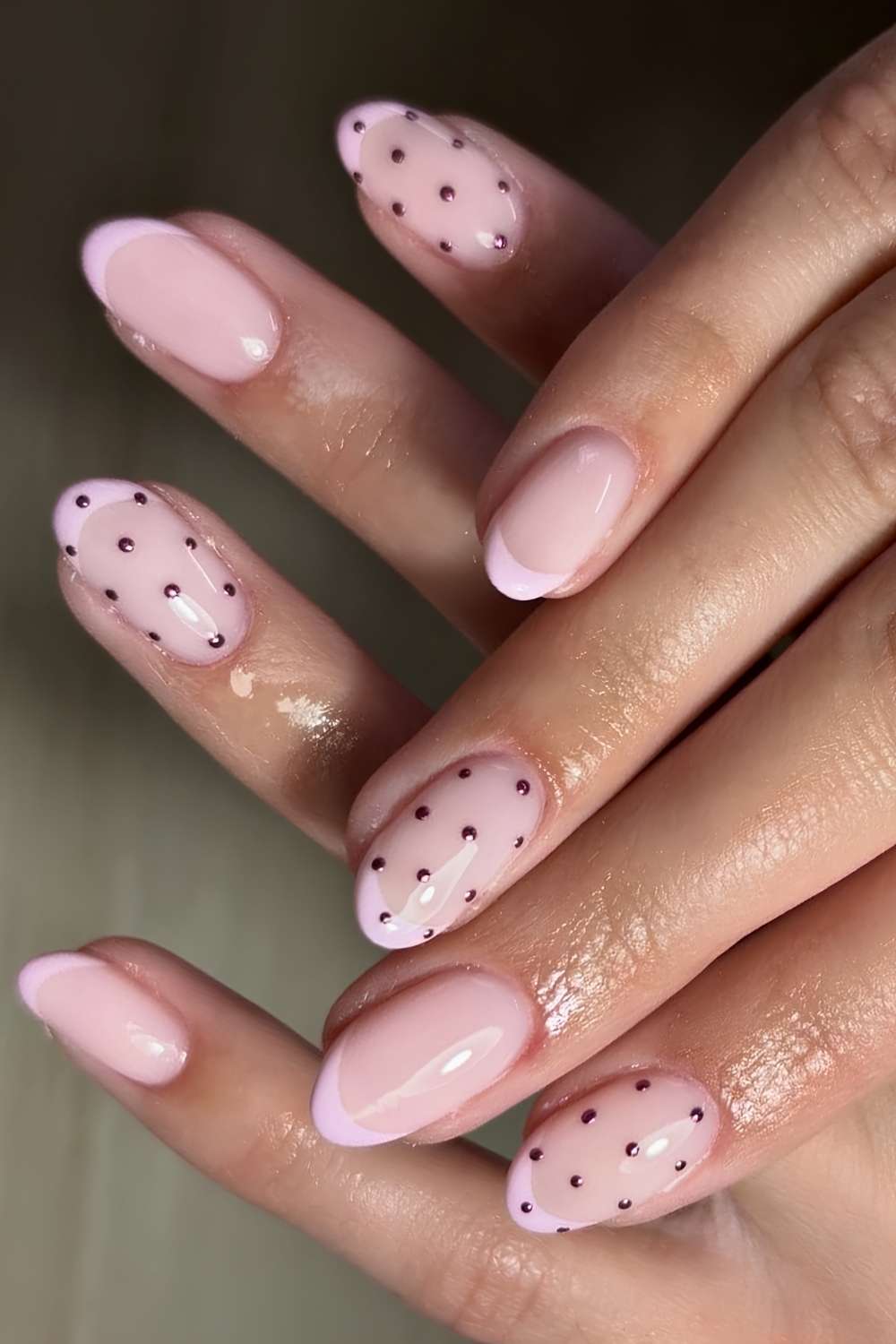 Sheer Pink Medium Almond Nails with Lilac French and Dots — Nails for Women Over 50