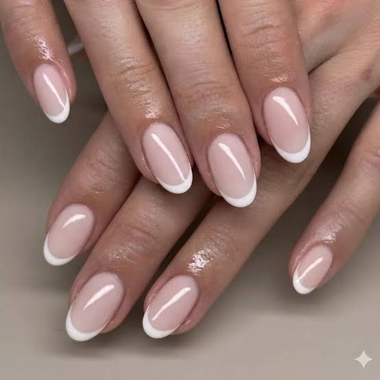 Sheer Nude Base Classic White French Medium Oval Nails — Nails for Women Over 50