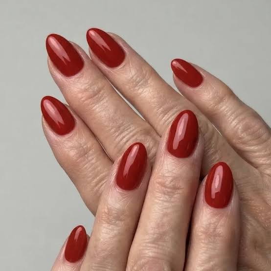 Vibrant Deep Red Medium Almond Nails — Nails for Women Over 60