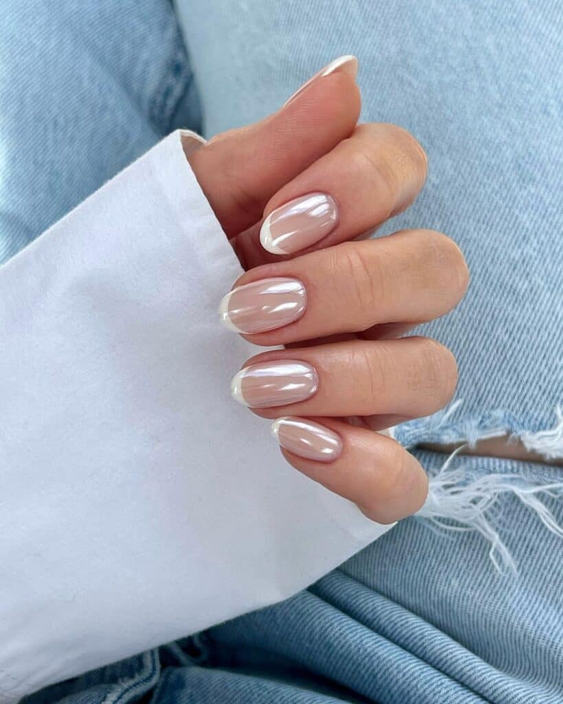 Pearlescent Chrome French Tip Oval Nails — Nails for Women Over 60
