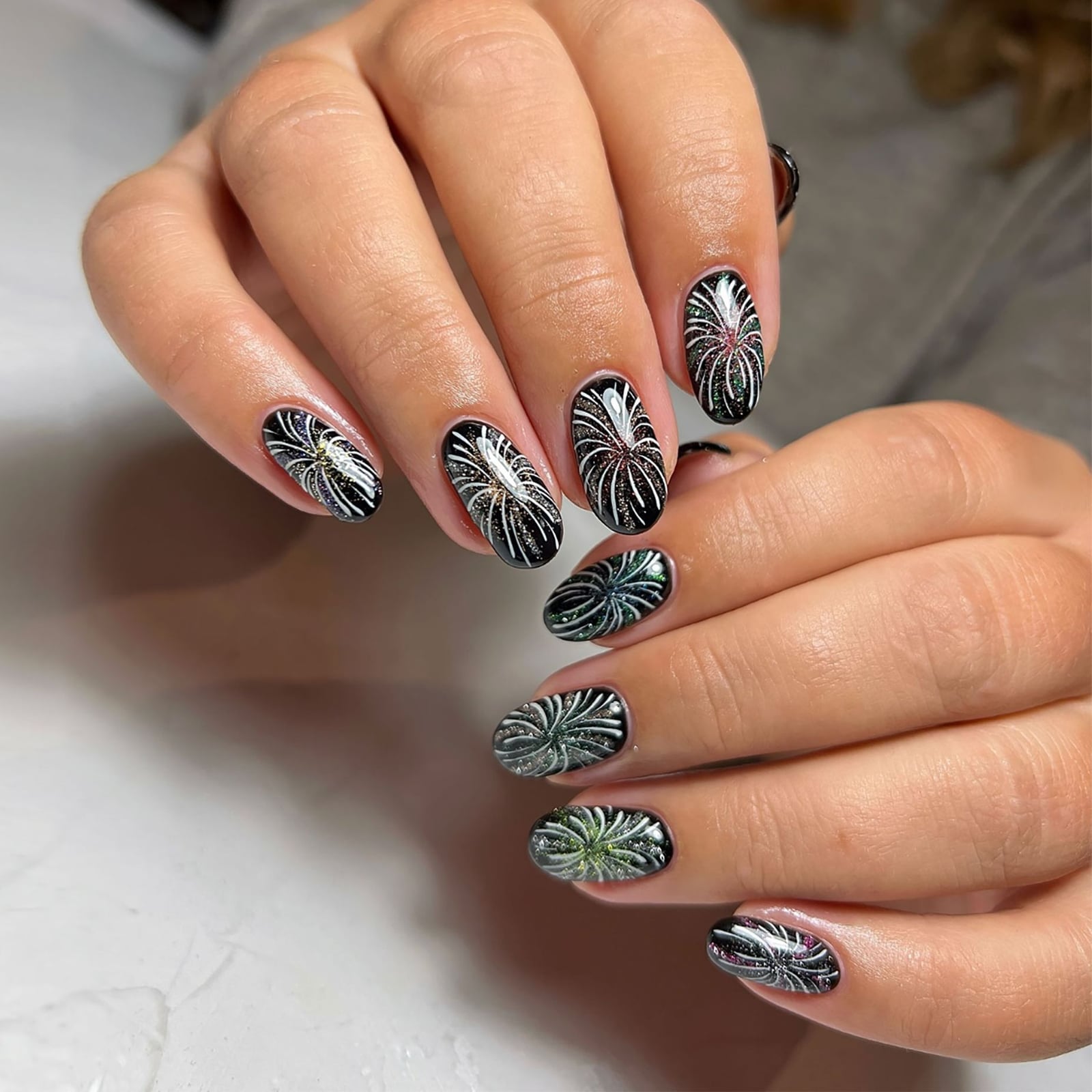 Black Oval Nails With Firework Art — Nails for Women Over 60