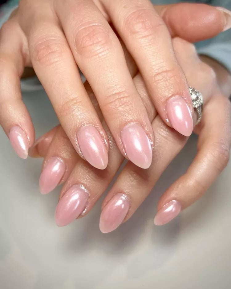 Subtle Shimmer Pearlescent Pink Almond Nails — Nails for Women Over 60