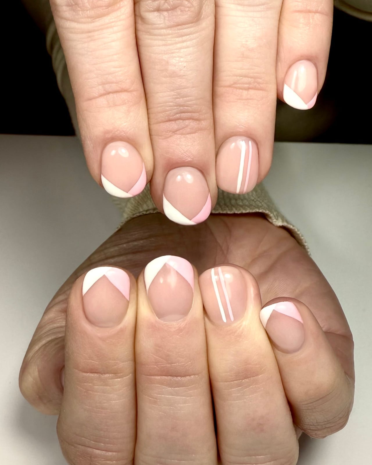 Sheer Pink Geometric French Tip Nails — Natural Nails