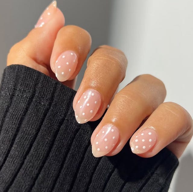 Sheer Milky Pink Almond Nails With Polka Dots — Natural Nails