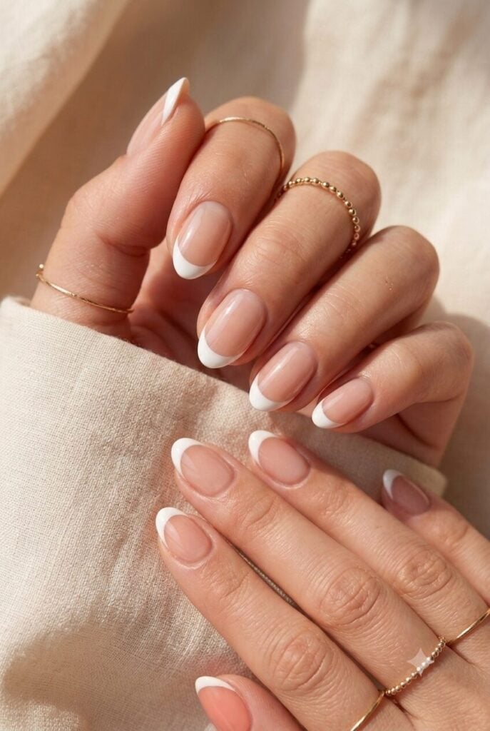 Sheer Nude French Tip Short Almond Nails — Natural Nails