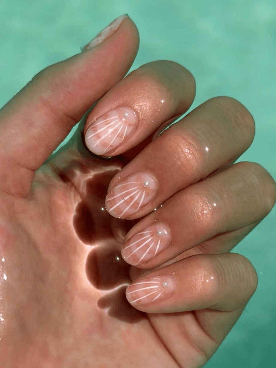 Sheer Pink Oval Nails With Pearl Accents — Natural Nails