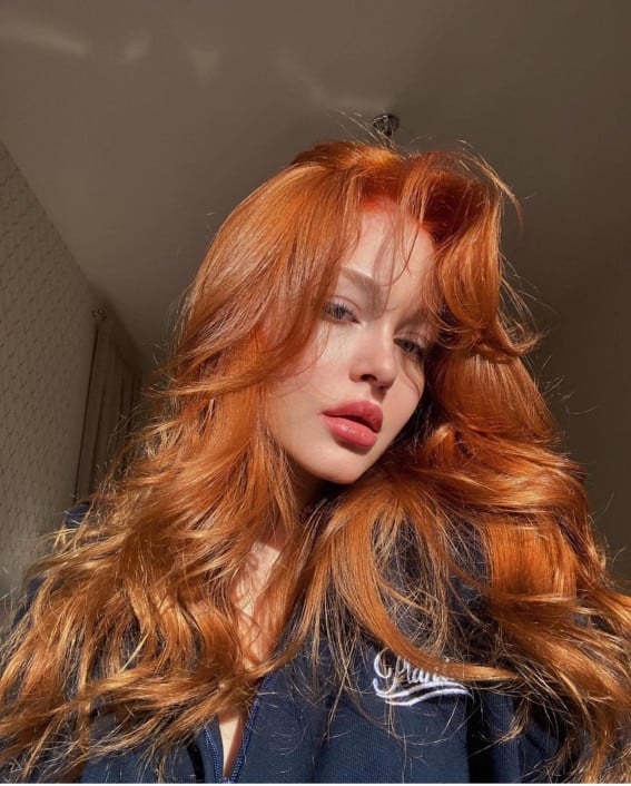 Long Orange Ginger Waves With Curtain Bangs Long Orange Ginger Waves With Curtain Bangs — Natural Red Hair