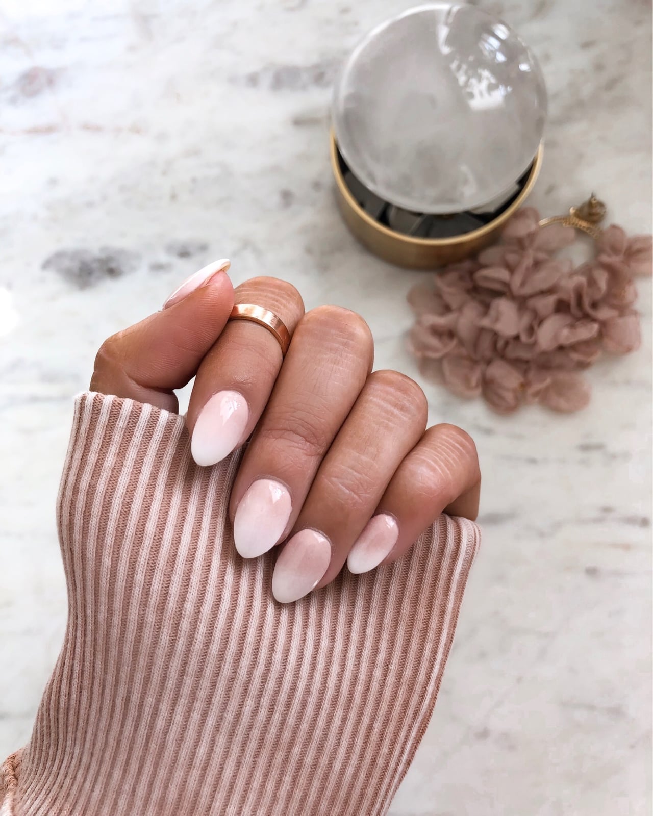 Sheer Milky Pink to Nude Ombre Short Almond Nails, Glossy — Neutral Nails
