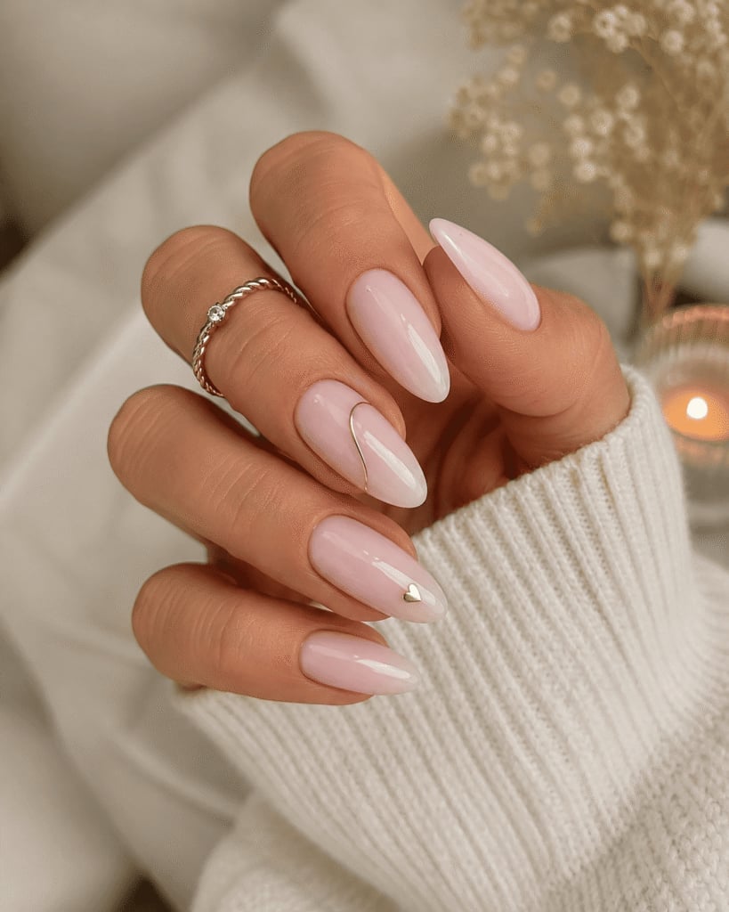 Sheer Pale Pink with Gold Wire Medium Almond Nails — Neutral Nails