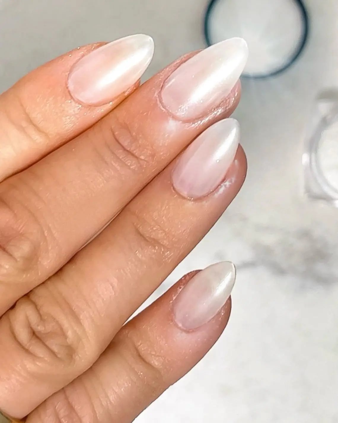 Milky White Pearlescent Shimmer Medium Almond Nails — Neutral Nails