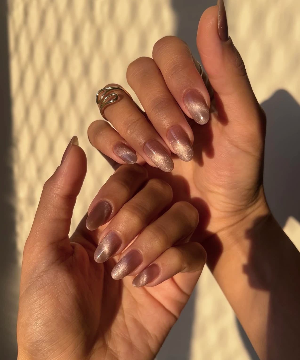 Neutral Taupe Cat-Eye Medium Almond Nails — Neutral Nails