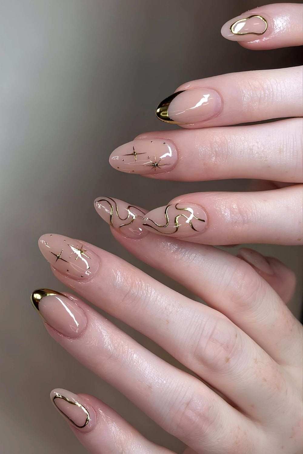 Medium Almond Nails with Gold Line Art — Neutral Nails