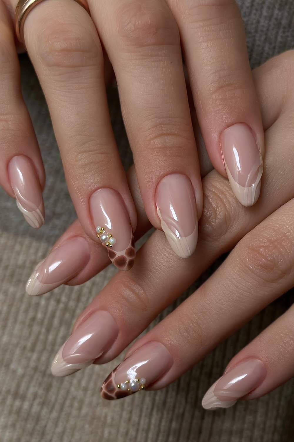 Nude with Beige French Tip Leopard Print Almond Nails — Neutral Nails