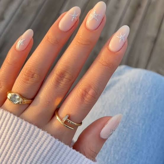 Sheer Nude with White Starbursts Medium Almond Nails — Neutral Nails