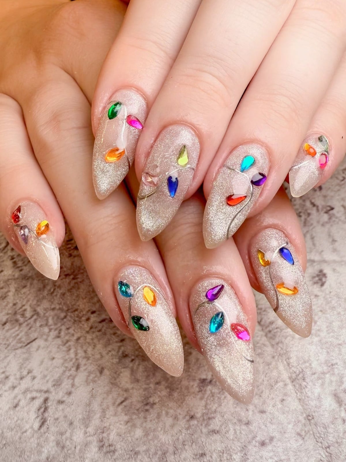 Medium Stiletto Champagne Rhinestone Lights Medium Stiletto Champagne Rhinestone Lights — New Years Nails