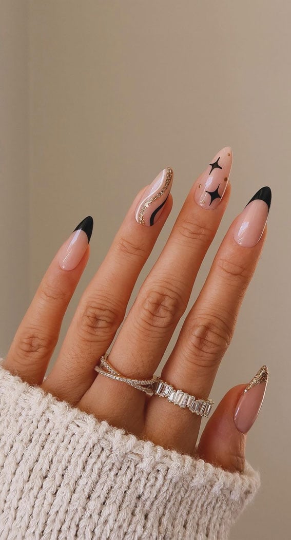 Long Almond Black French Tip With Gold Glitter, Glossy Long Almond Black French Tip With Gold Glitter, Glossy — New Years Nails