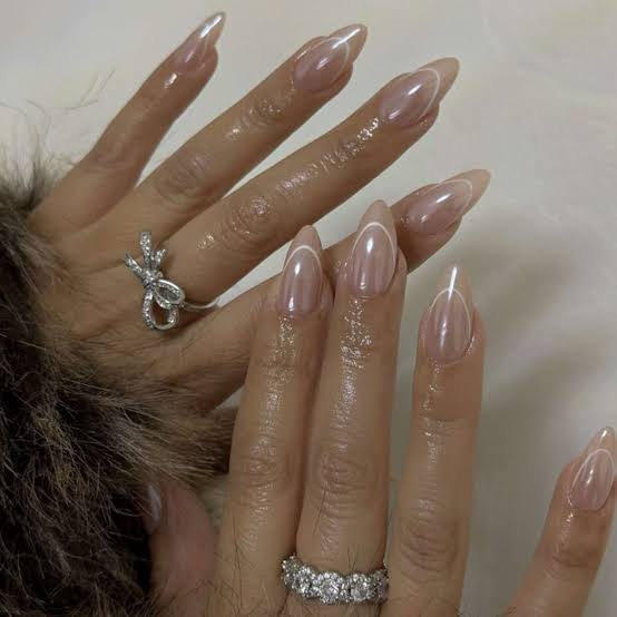 Medium Almond Sheer Nude With White French Tip, Glossy Medium Almond Sheer Nude With White French Tip, Glossy — New Years Nails