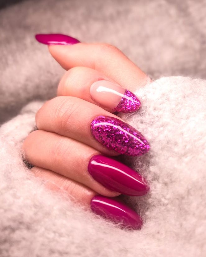 Medium Almond Magenta With Pink Glitter Tips Medium Almond Magenta With Pink Glitter Tips — New Years Nails