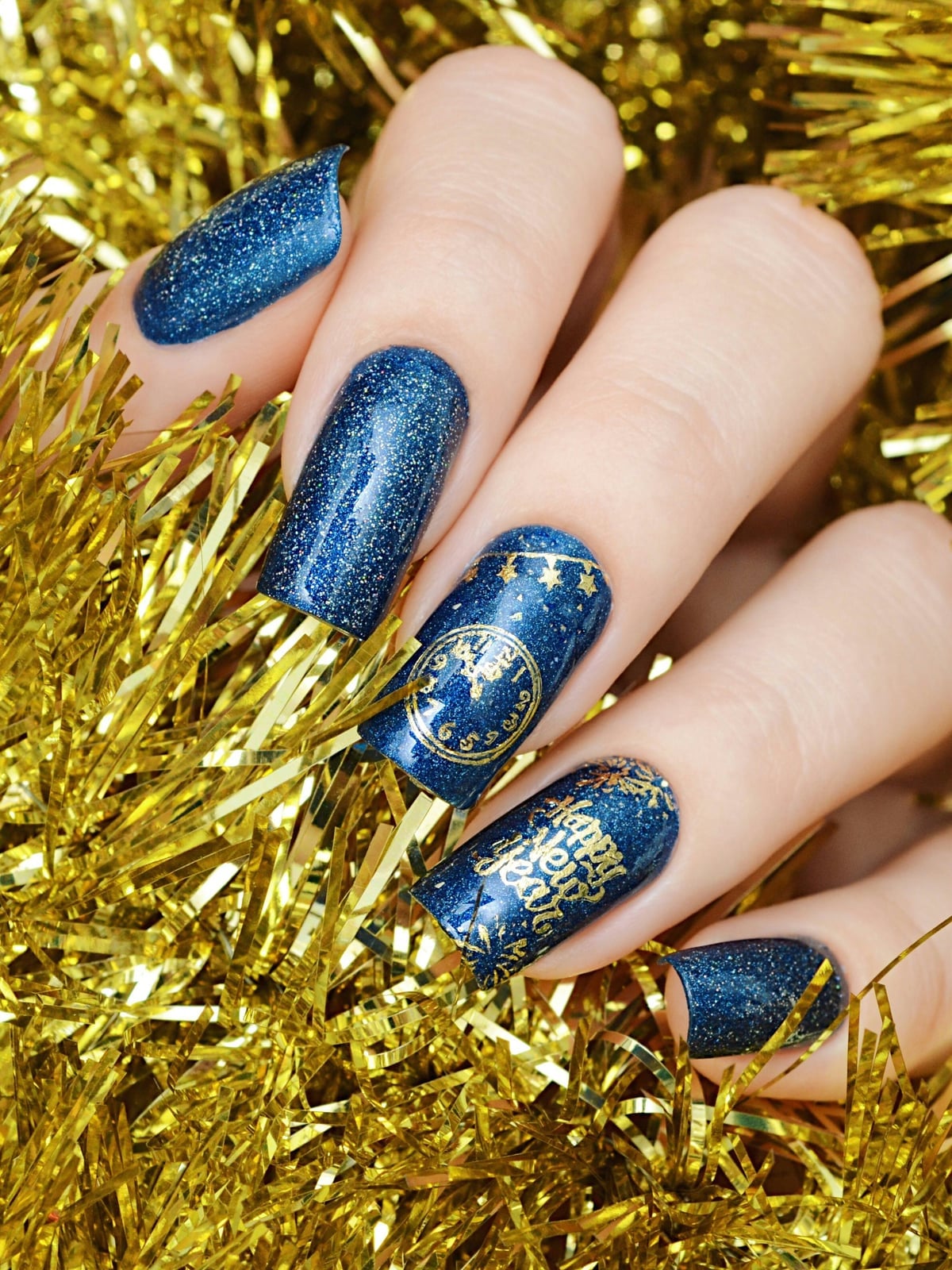 Dark Blue Glitter Square Nails With Clock Art Dark Blue Glitter Square Nails With Clock Art — New Years Nails