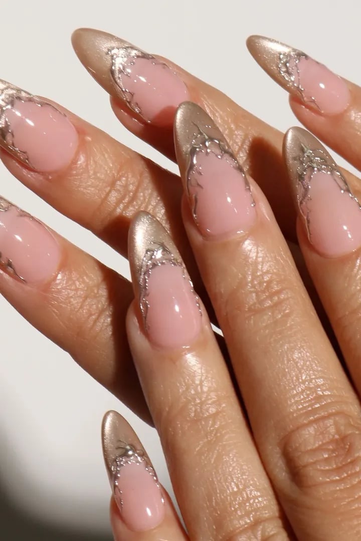 Medium Almond Champagne Foil French Tips Medium Almond Champagne Foil French Tips — New Years Nails