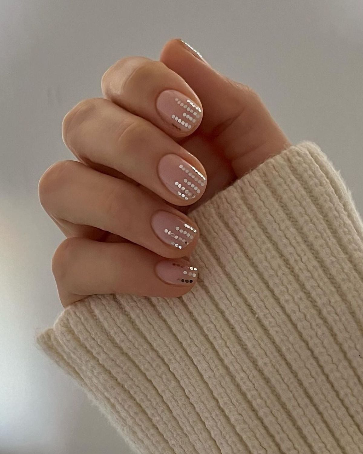 Short Square Almond Silver Metallic Stripes Short Square Almond Silver Metallic Stripes — New Years Nails