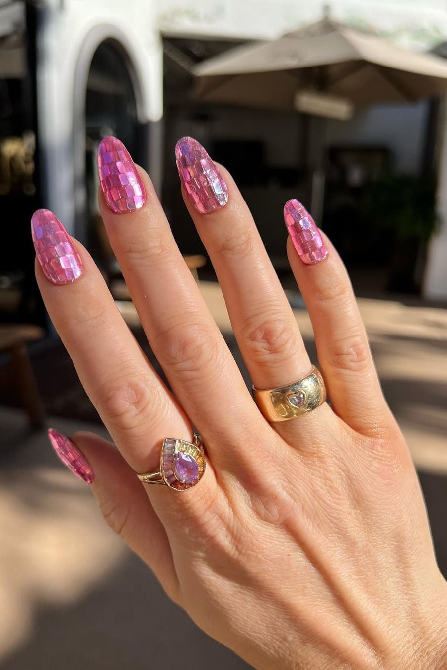 Medium Almond Pink Holographic Mosaic Nails Medium Almond Pink Holographic Mosaic Nails — New Years Nails