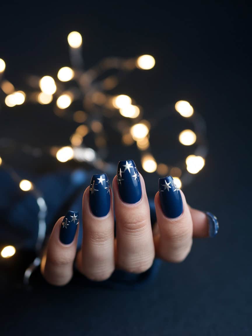 Deep Navy Blue Square Nails With Silver Stars Deep Navy Blue Square Nails With Silver Stars — New Years Nails
