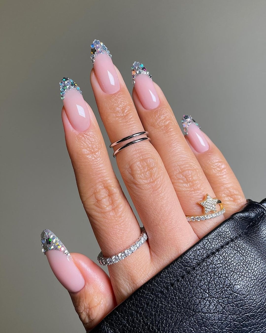 Long Almond Glitter French Tip Nails Long Almond Glitter French Tip Nails — New Years Nails