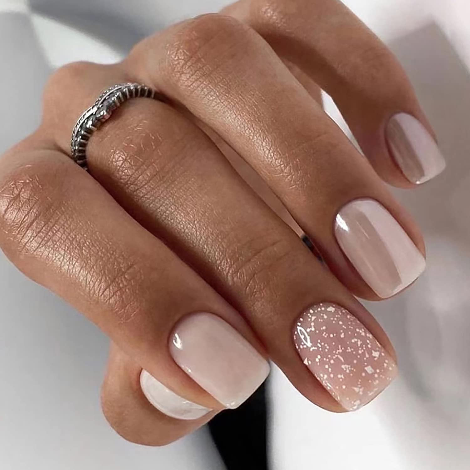 Milky Nude Glossy Almond Nails with Glitter Accent — Nude Nails